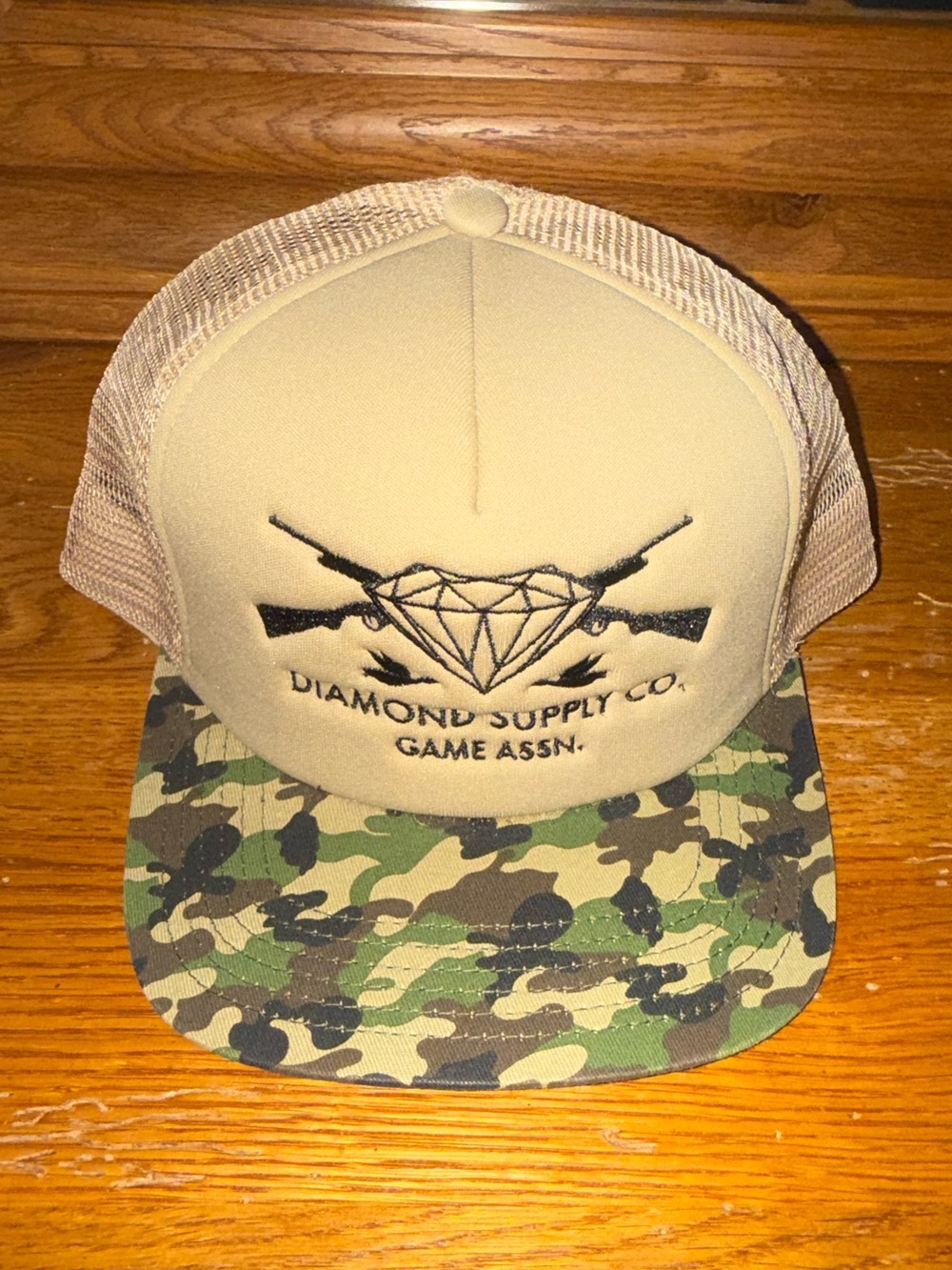 Diamond Supply Co. Tan Mesh TruckerSnapback  Hat with Camo Brim